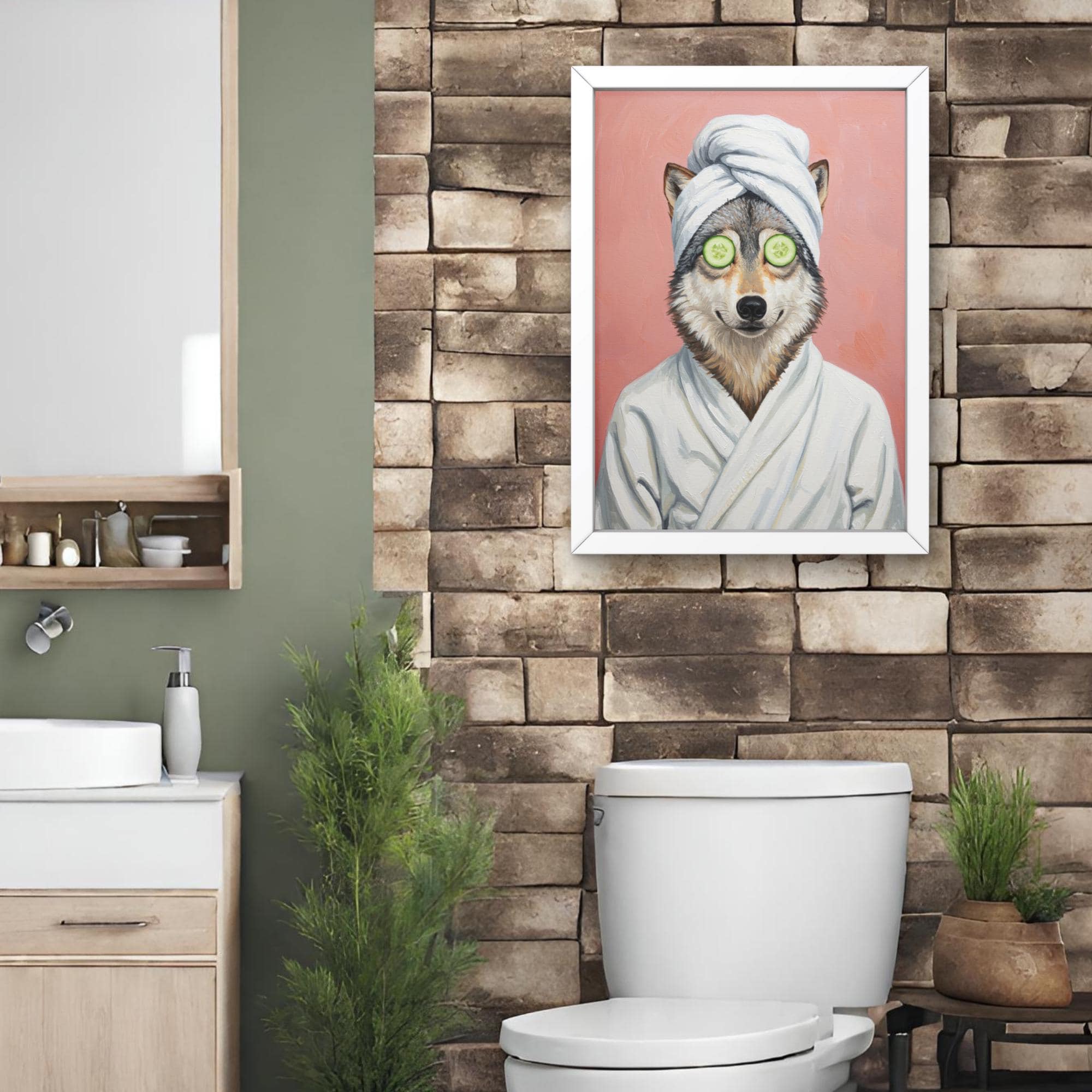 Wolves Bath Wolf Bathroom Spa Wall Art, Wolf in Bathrobe Print, Woodland Animal ...