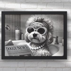 Prissy Poochon Dog in Tub Printable Wall Art | Dog Taking a Bath reading newspaper | Kids Bathroom Print, Poodle Bichon Frise lover #BR99