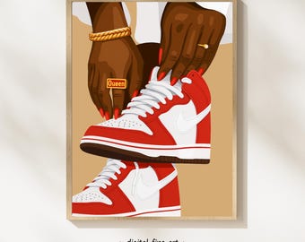 Arte imprimible de zapatillas de mujer negra, estampado de zapatillas de moda, arte estético rojo, arte de pared con melanina, decoración para chica negra, descarga digital #PL43Y
