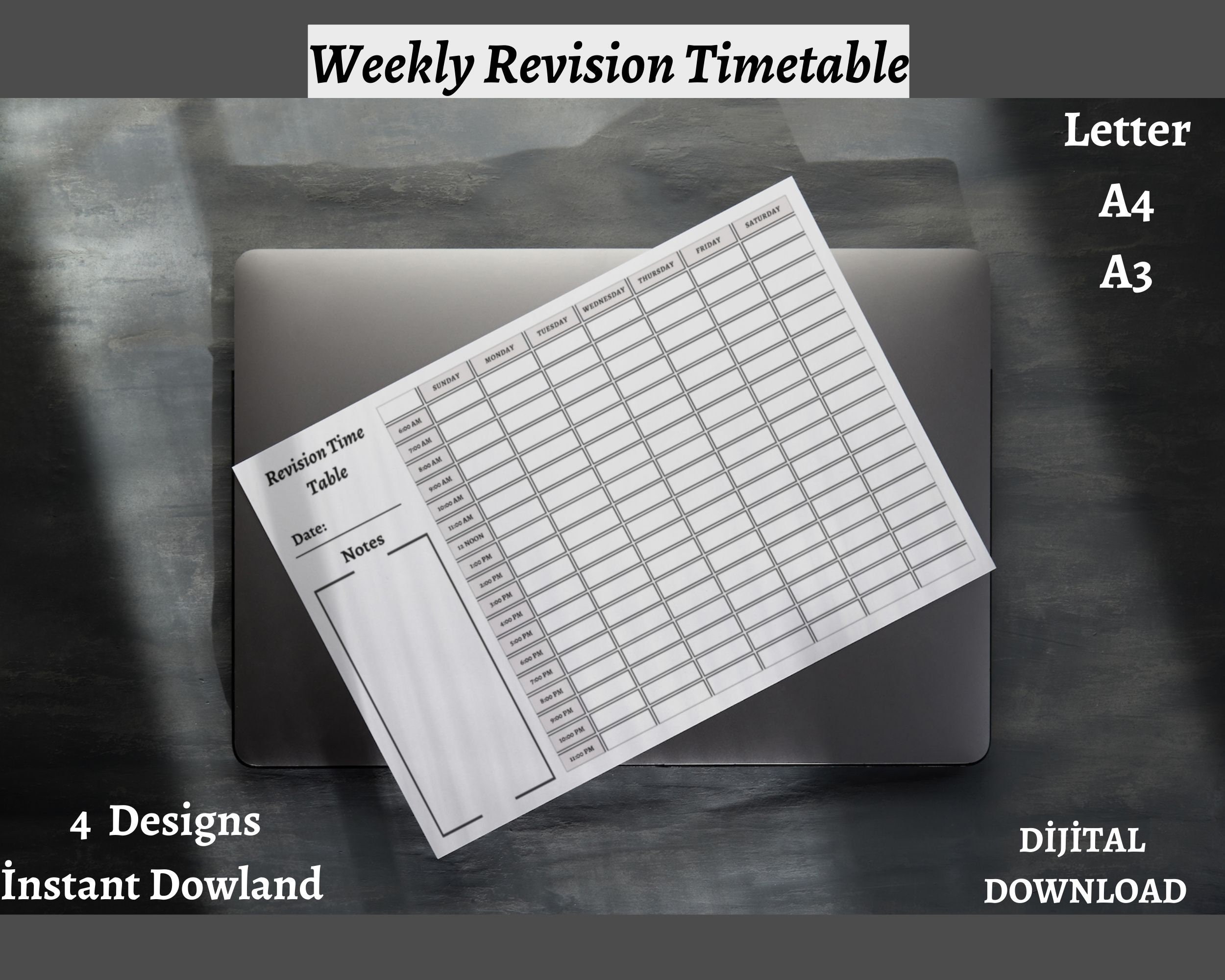Minimalist Printable Time Schedule Template Sunday and Monday Start Weekly Hourly Agenda A4, A3 ...