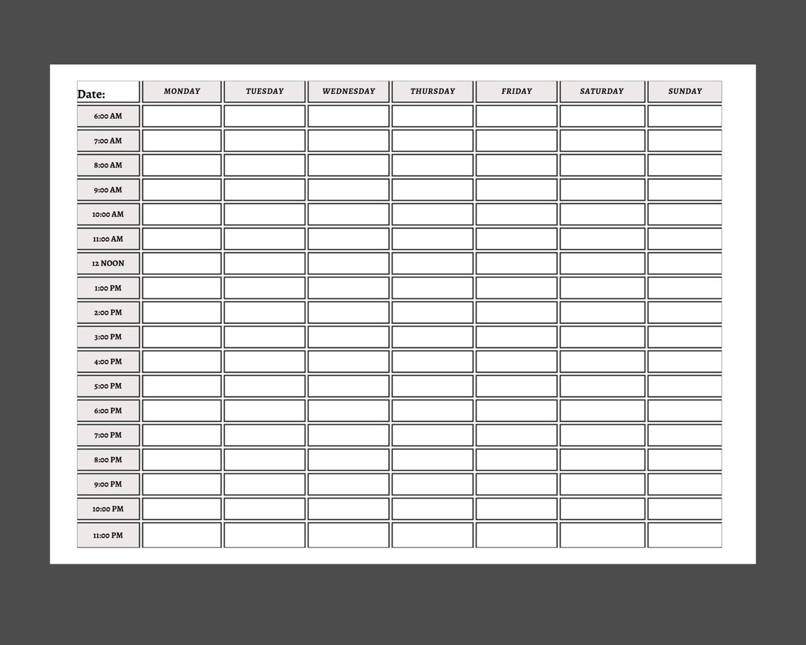 Minimalist Printable Time Schedule Template Sunday and Monday Start Weekly Hourly Agenda A4, A3