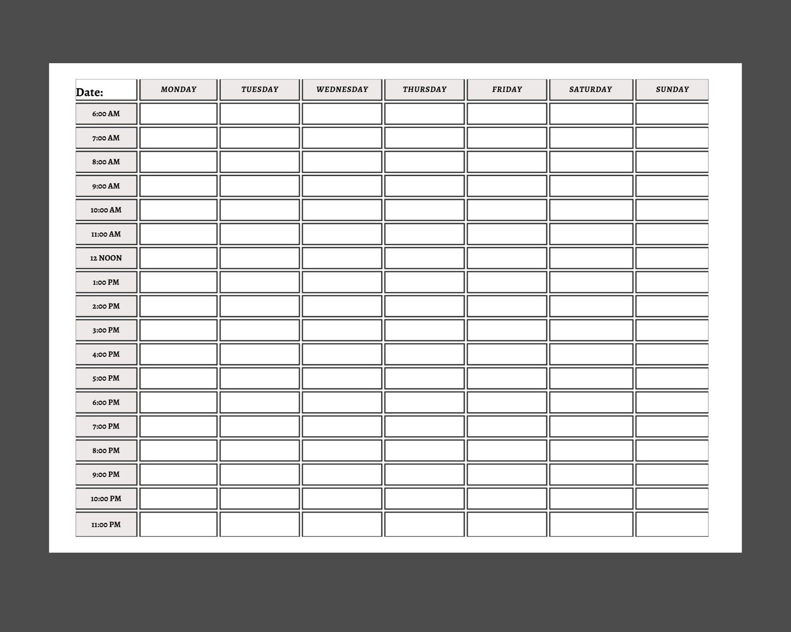 Minimalist Printable Time Schedule Template Sunday and Monday Start Weekly Hourly Agenda A4, A3 ...