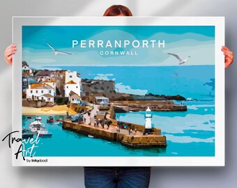 Perranporth, Cornualles, lámina de viaje, enmarcada o en lienzo, decoración de pared de un pueblo costero de Inglaterra.