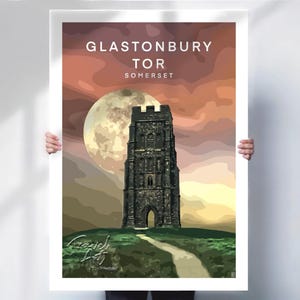 Glastonbury Tor Print or Canvas | Somerset Landmark Wall Art | Glastonbury Travel Poster | Full Moon Scenic Print | Mystical UK Gift
