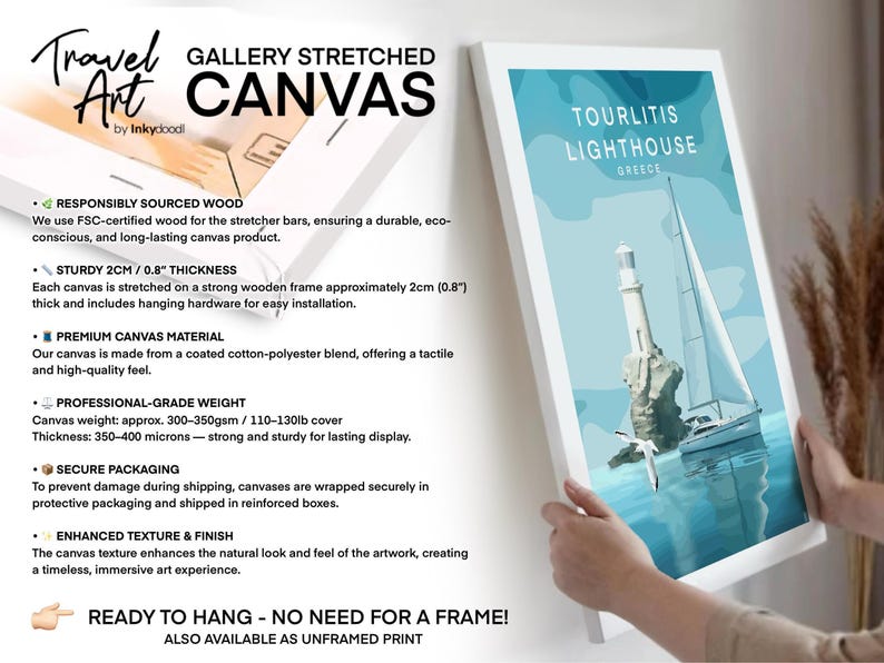 The image is a promotional advertisement for a travel art canvas product called "TOURLITIS LIGHTHOUSE". It features a close-up of a canvas with a sailboat illustration, highlighting the product's features and benefits.