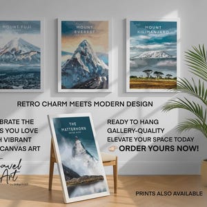 The image is an advertisement for a travel art gallery, featuring three framed landscape paintings of mountains and a potted plant on a white wall.