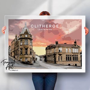 Clitheroe Travel Poster: Town Hall Illustration Lancashire