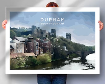 Póster de viaje del condado de Durham: Arte minimalista de la catedral y el castillo