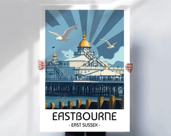 Póster de viaje del muelle de Eastbourne - Arte costero retro de la costa de Sussex