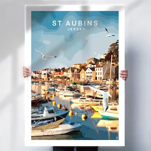 Jersey travel print , ST Aubins , Channel Islands Art poster , Special place gift