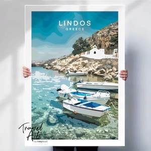 Greece art print , Lindos , Rhodes poster , Greek island print , Greek travel print , retro travel poster, special location gift