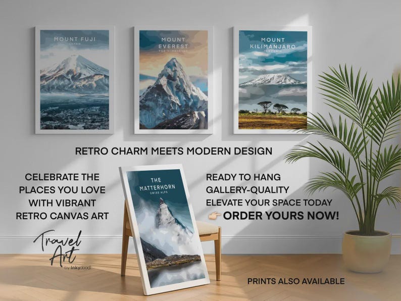 The image is an advertisement for a travel art gallery, featuring three framed landscape paintings of mountains and a potted plant on a white wall.