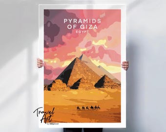 Pyramids of Giza Print: Egypt Desert Travel Poster, Camel Caravan Art