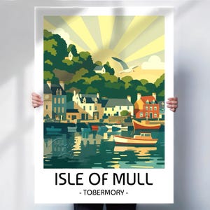 Tobermory Isle of Mull, Travel poster or Canvas Option, Bold Minimalist Harbour Scene Coastal Wall Art