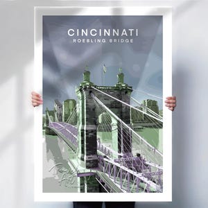 Cincinnati Travel Print - Roebling Bridge Ohio Poster - Retro Travel Decor - Special Location Gift - Travel Prints