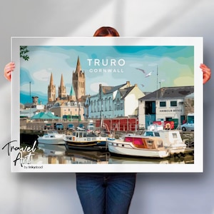 Truro Harbour Print - Retro Travel Poster of Cornwalls Scenic Village and Cathedral - Special Gift Idea