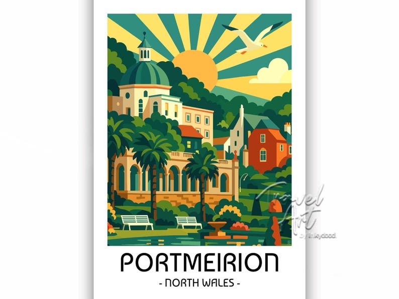 Lámina o lienzo de Portmeirion, arte de un pueblo costero del norte de Gales - Póster de viaje retro imagen 2