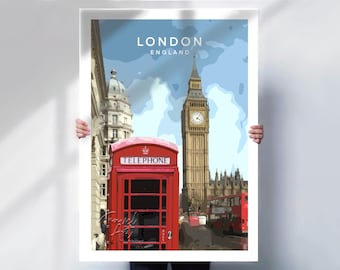 London, travel Print, Framed or Canvas, Red Telephone Box & Big Ben Landmark