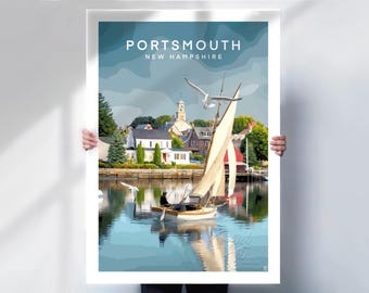 Portsmouth, EE. UU., lámina de viaje, enmarcada o en lienzo, arte mural del puerto costero de New Hampshire.