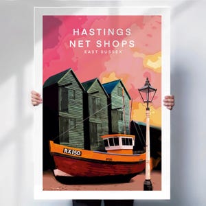 Hastings Poster , Hastings print , Hastings net shops , east sussex Poster , east Sussex print , Retro travel poster, special place gift