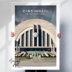 Cincinnati Travel Print - Union Terminal Art Deco Poster - Retro Travel Decor - Special Location Gift - Travel Prints