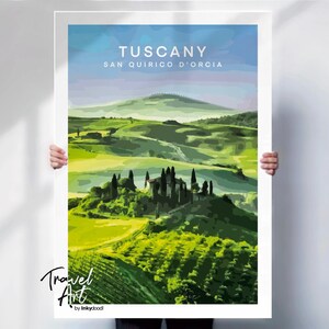 Tuscany travel art print, Italy travel poster, San Quirico d&#39;Orcia print, Wine region , retro travel poster, special location gift