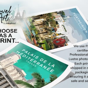 The image is a collage of two framed prints, each depicting a different cityscape. The text on the collage reads "Travel Art by Inkydoodl" and "Choose as a Print... We use FSC- certified Professional Satin Lustre photo paper Each print is shipped in robust packaging, ensuring it arrives safe and secure."