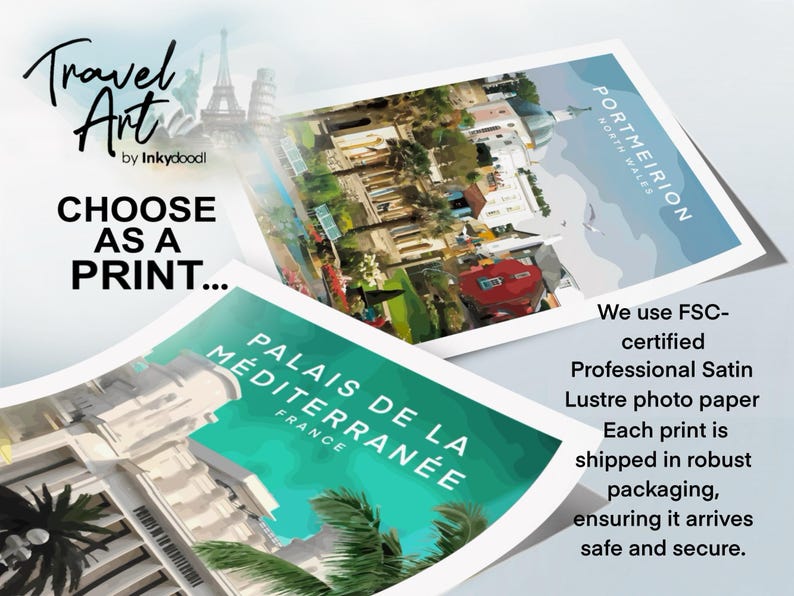 The image is a collage of two framed prints, each depicting a different cityscape. The text on the collage reads "Travel Art by Inkydoodl" and "Choose as a Print... We use FSC- certified Professional Satin Lustre photo paper Each print is shipped in robust packaging, ensuring it arrives safe and secure."