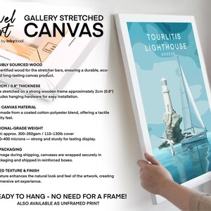 The image is a promotional advertisement for a travel art canvas product called "TOURLITIS LIGHTHOUSE". It features a close-up of a canvas with a sailboat illustration, highlighting the product's features and benefits.