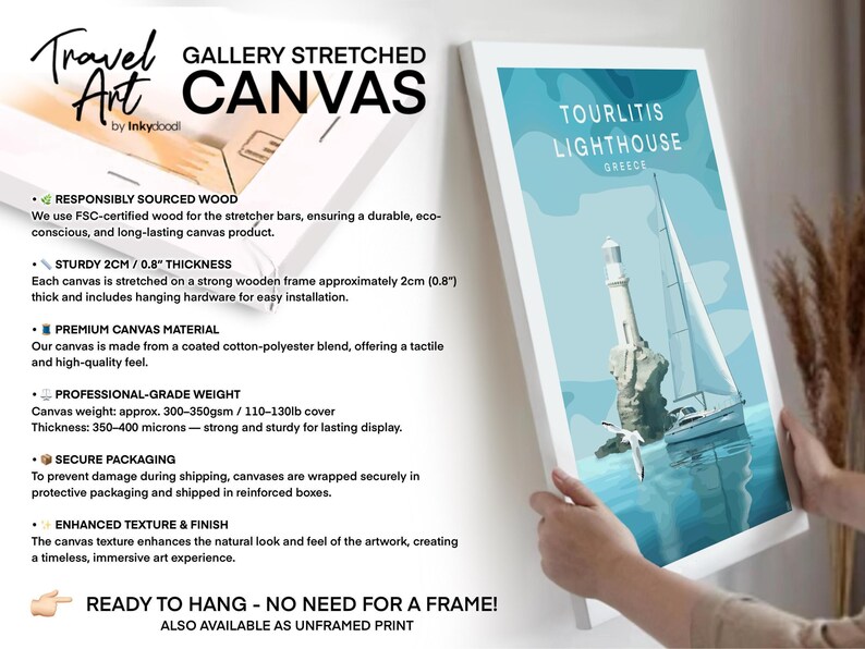 The image is a promotional advertisement for a travel art canvas product called "TOURLITIS LIGHTHOUSE". It features a close-up of a canvas with a sailboat illustration, highlighting the product's features and benefits.