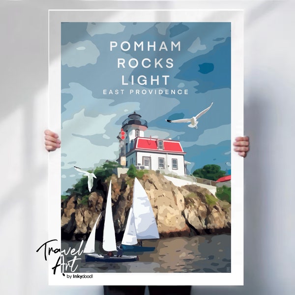 Pomham rocks light print, East Providence travel poster, lighthouse wall art,  lighthouse travel poster, travel print, special place gift .