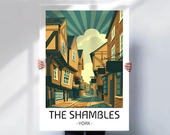 Póster de viaje de The Shambles York - Arte callejero retro, decoración de pared del Reino Unido