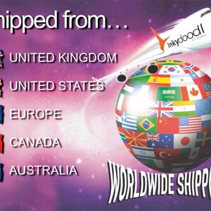 The image is a promotional graphic for worldwide shipping, featuring a globe with the flags of various countries, including the United Kingdom, United States, Europe, Canada, and Australia. An airplane is flying over the globe, suggesting the image is promoting shipping services.