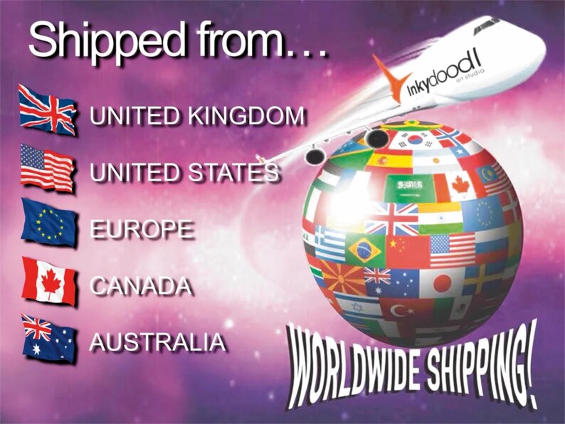 The image is a promotional graphic for worldwide shipping, featuring a globe with the flags of various countries, including the United Kingdom, United States, Europe, Canada, and Australia. An airplane is flying over the globe, suggesting the image is promoting shipping services.