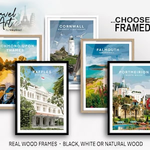 The image is a collage of five framed artworks depicting various landmarks and scenes from different locations, including Cornwall, Richmond, Raffles, Falmouth, and Portmeirion.