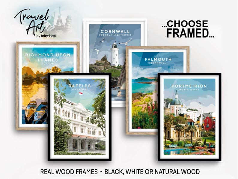 The image is a collage of five framed artworks depicting various landmarks and scenes from different locations, including Cornwall, Richmond, Raffles, Falmouth, and Portmeirion.