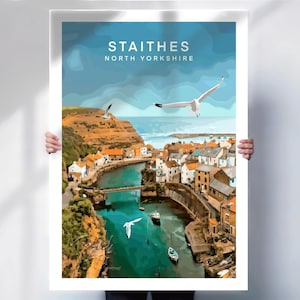 Staithes Travel Art Print or Canvas | North Yorkshire Coastal Village Poster | Vintage Style Harbour Wall Art | Seaside Village Decor