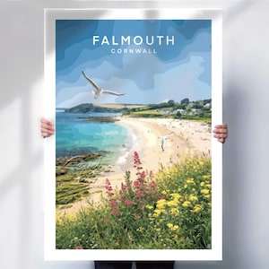 Falmouth, Cornwall travel print or canvas,  beach wall art, bold minimalist coastal poster for seaside home decor