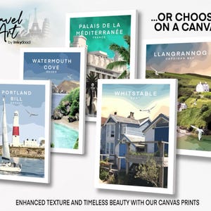 The image is a collage of five canvas prints featuring various scenic landscapes and landmarks, including water, houses, and boats.
