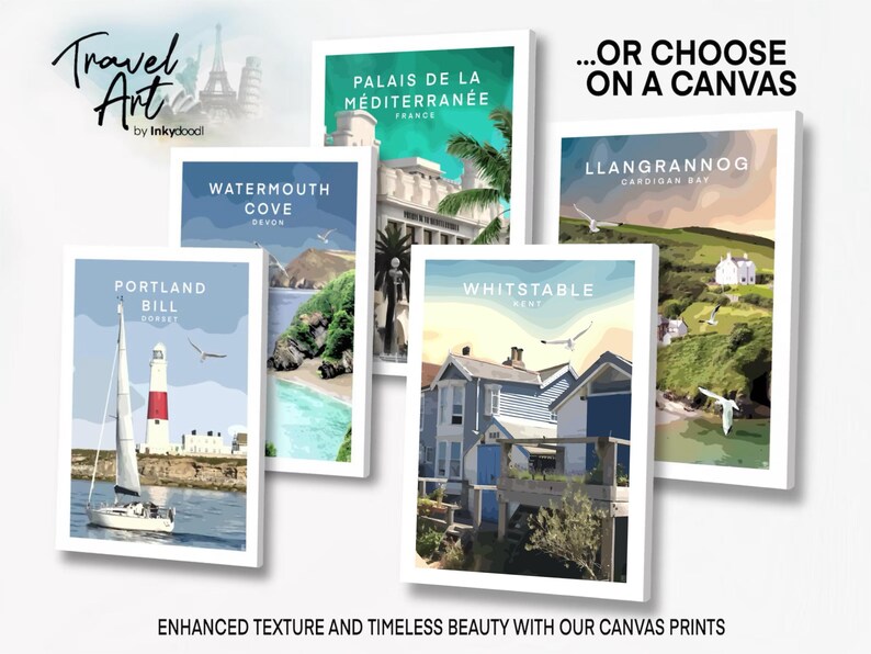 The image is a collage of five canvas prints featuring various scenic landscapes and landmarks, including water, houses, and boats.