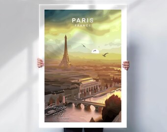 Paris Cityscape, travel Print, Framed or Canvas, France city skyline wall art