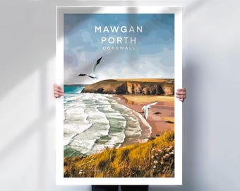 Playa de Mawgan Porth, lámina de viaje, enmarcada o en lienzo, arte mural costero de Cornualles, Inglaterra.