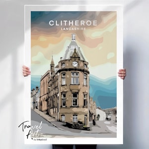 Clitheroe Town Hall Art Print Lancashire Travel Poster Retro Style