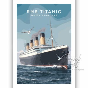 Impresión o lienzo de viaje del RMS Titanic, póster marítimo minimalista, decoración del hogar con historia náutica imagen 2