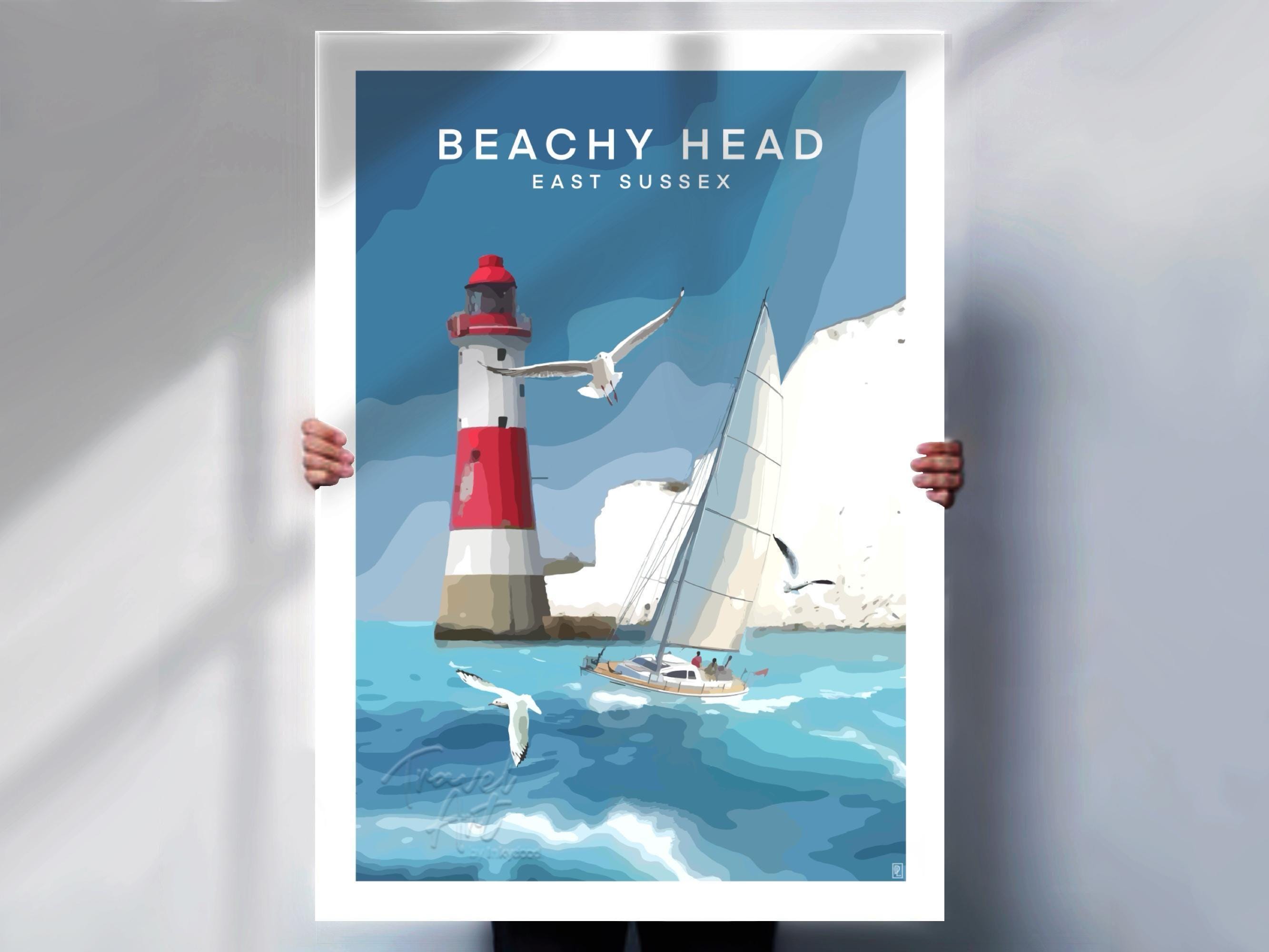 Impresión de navegación desde el faro de Beachy Head: arte mural o lienzo costero de East Sussex o póster de viajes náuticos