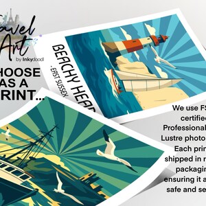 The image is a collage of two printed images, one depicting a lighthouse and the other showing a boat on the water.