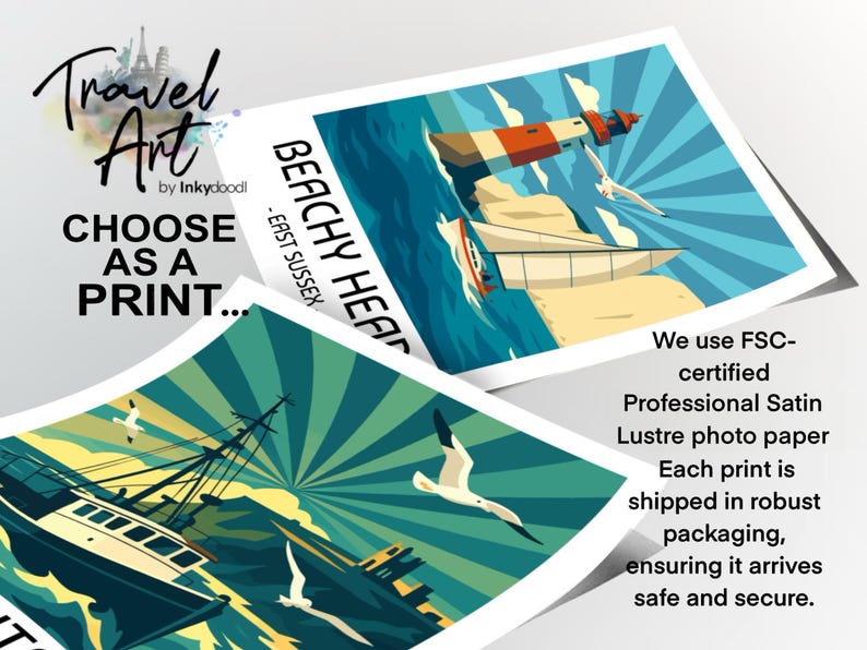 The image is a collage of two printed images, one depicting a lighthouse and the other showing a boat on the water.