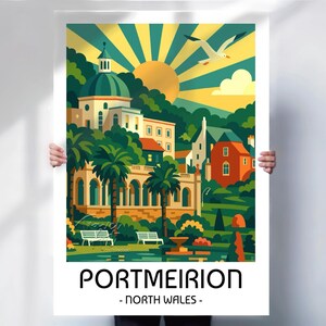 Bold minimalist poster of Portmeirion, North Wales, featuring stylised buildings, palm trees, and a radial sunburst sky.