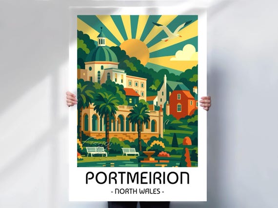 Portmeirion Print or Canvas, North Wales Coastal Village Art - Retro Travel Poster