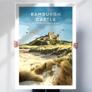 Bamburgh Castle Travel Print or Canvas – Northumberland Coastal Wall Art, Retro Style Poster UK